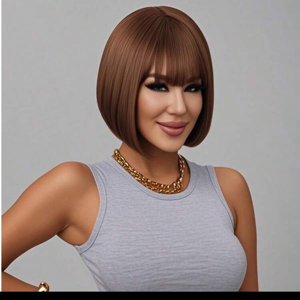 New 12”Short Straight Hair Wig For Women, Synthetic With Bangs Bob, Donna Flash - Picture 5 of 13